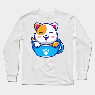 Cute cat on cup coffee cartoon Long Sleeve T-Shirt